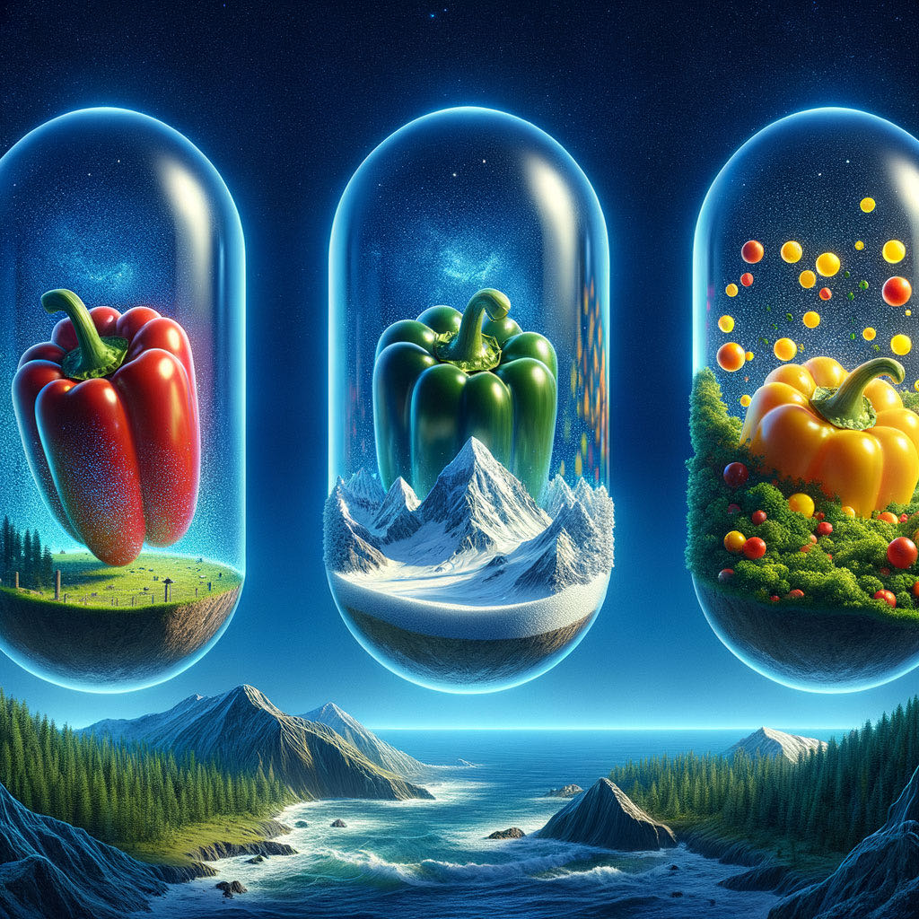 Three glowing capsules, each holding a bell pepper diorama, floating above a moonlit coast
